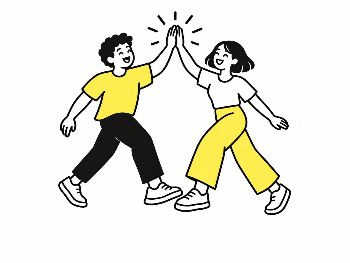 Two smiling illustrated friends linking arms